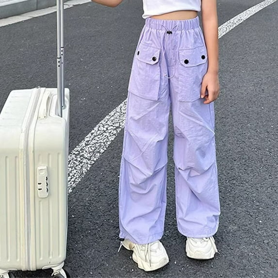 Cargo Pants Kids Classic Cargo Jogger Pants High Elastic Waisted Purple Cargo Pants with Pockets Cute Outfits for Girls 6-7 Years