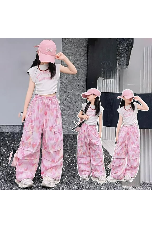 Cargo Pants Kids Classic Fit Baggy Pants Kids High Elastic Waisted Pink Cargo Pants with Pocket Girl Pants Size 6-7 Years