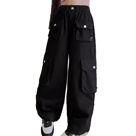 Cargo Pants Kids Classic Jogger Pants for Girls Elastic Waist Black Cargo with Pocket Girls Summer Clothes 6-7 Years