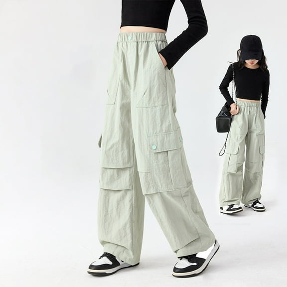 Cargo Pants Kids Fashion Baggy Pants High Elastic Waisted Green Cargo with Pocket Girls Summer Clothes 11-12 Years