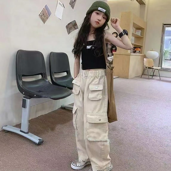 Cargo Pants Kids Fashion Cargo Joggers Elastic High Waisted White Cargo Pants with Pockets Outfits for Girls 8-9 Years