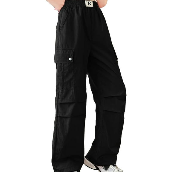 Cargo Pants Kids Loose Fit Baggy Pants Elastic Waist Black Cargo Pants with Pocket Cute Outfits for Girls 13-14 Years