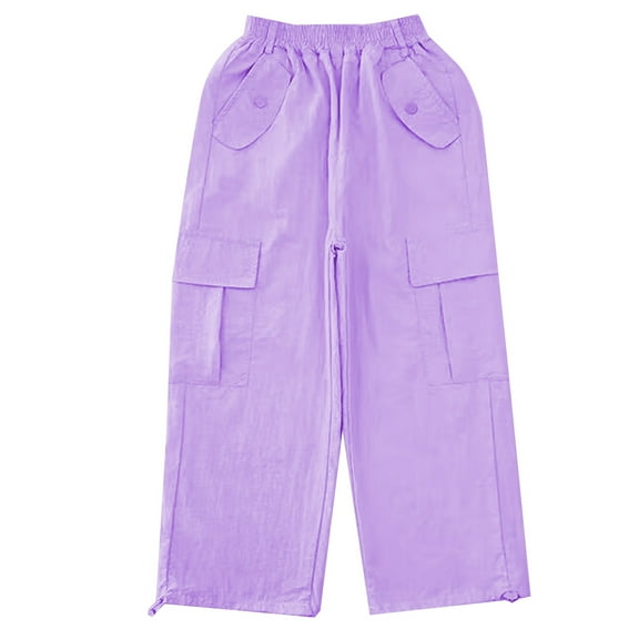 Cargo Pants Kids Loose Fit Jogger Pants for Girls Elastic High Waisted Purple Cargo Pants with Pocket Girls Clothing Size 4-5 Years