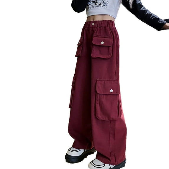 Cargo Pants Kids Relaxed Fit Baggy Pants Elastic High Waisted Cargo Pants with Pockets Girls Pants Size 7-8 Years