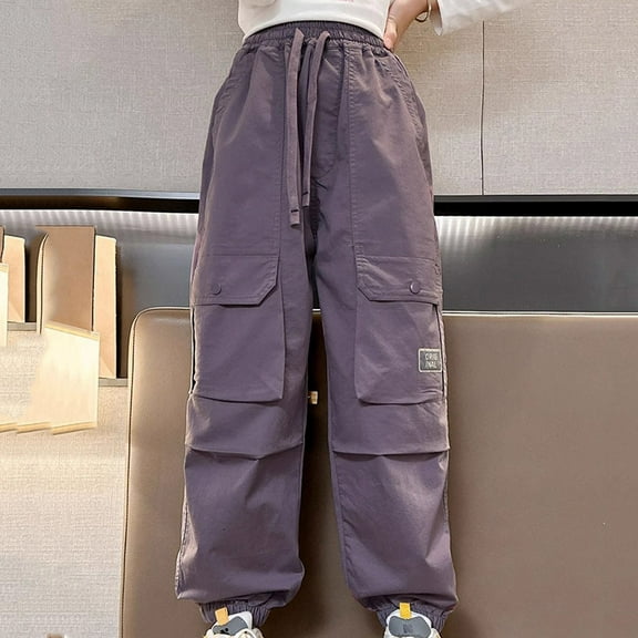 Cargo Pants Kids Slim Fit Cargo Jogger Pants Elastic Waist Purple Cargo with Pockets Girls Clothes Size 5-6 Years