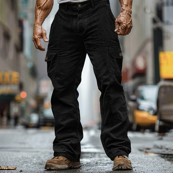 Cargo Pants Men Corduroy Straight Wide Leg Casual Outdoor Pants Fall Travel Comfortable Workwear Trousers Black XL