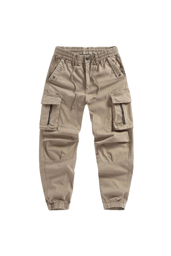 Cargo Pants Men Elastic Waist Drawstring Button Down Hiking Trousers Casual Outdoor Joggers With Multi Pockets (XXL, Khaki)
