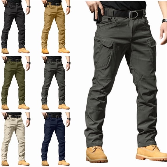 Cargo Pants Men Water Resistant Relaxed Fit Hiking Work Pants Lightweight Outdoor Ripstop Flex Baggy Camo Pant with Multi Pockets Gray XL