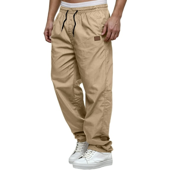 Cargo Pants Men Work Casual Straight Leg Pants with Waist Tie Lightweight Breathable Trousers Spring Streetwear Khaki XXL