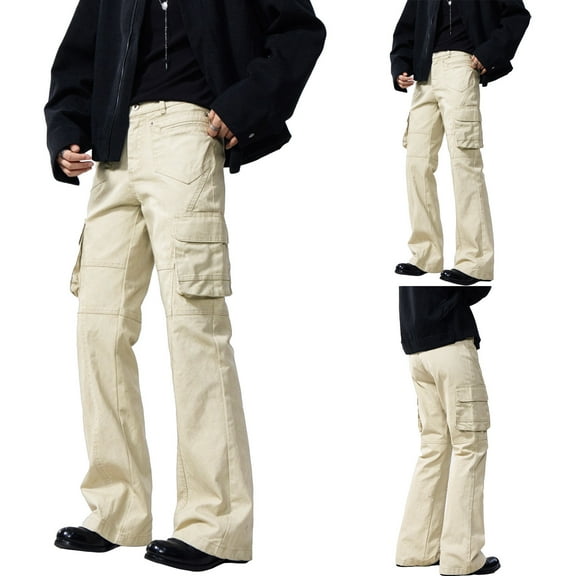 Cargo Pants Men Work High Street Casual Pants Bootcut Flare Leg Straight Leg Lightweight Streetwear Trousers Beige XS