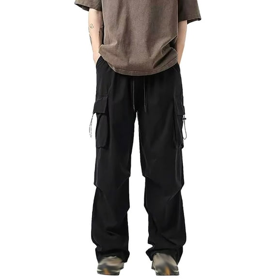 Cargo Pants Men Work Korean Style Casual Pants Wide Leg Droopy Cuff Oversized Lightweight Streetwear Trousers Black L