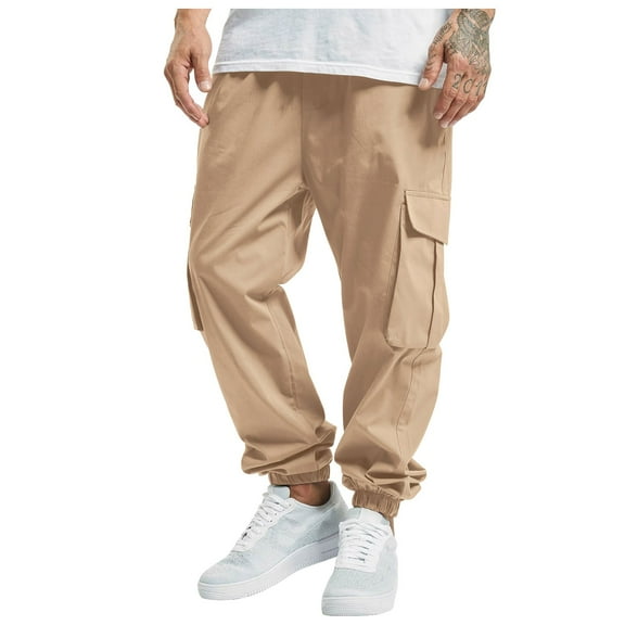 Cargo Pants Men Work Solid Color Casual Pants with Pocket Detail Tapered Ankle Lightweight Street Style Spring Summer Khaki S