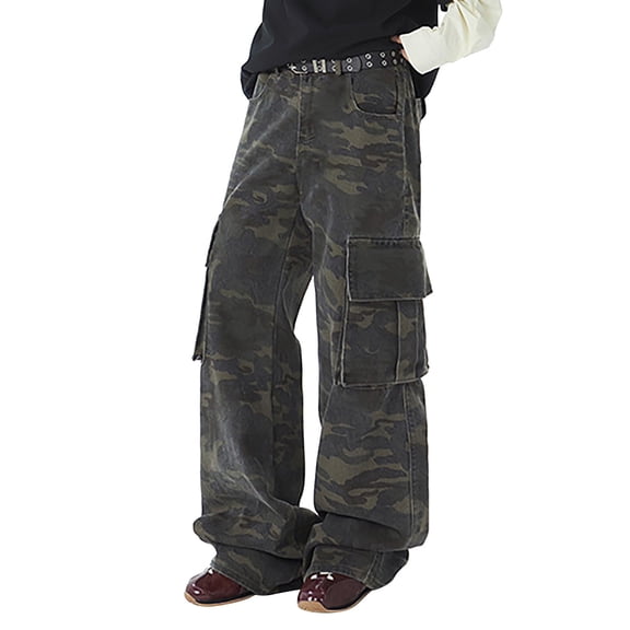 Cargo Pants Men Work Wide Leg Denim Jeans Work Pants Printed Casual Streetwear Loose Summer Lightweight Trousers Camouflage M