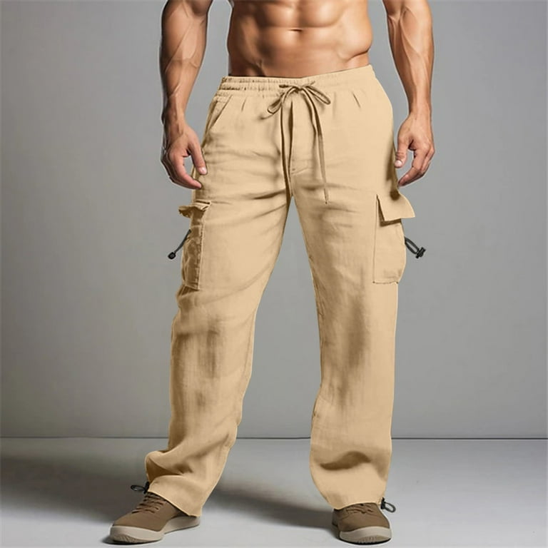 Cargo Pants Mens Joggers Men s Jogging Cotton And Linen Summer Beach Drawstring Elastic Waist Multiple Pockets Solid Color Breathable Casual Workwear Chino Yellow Walmart