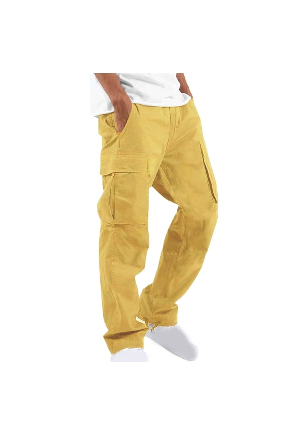 Cargo Pants Solid Color Softy Work Pants for Men Mid Rise Casual Loose Dress Pants Lightweight Fashion Straight Fit Daily Drawstring Comfy Pants(Yellow,L)