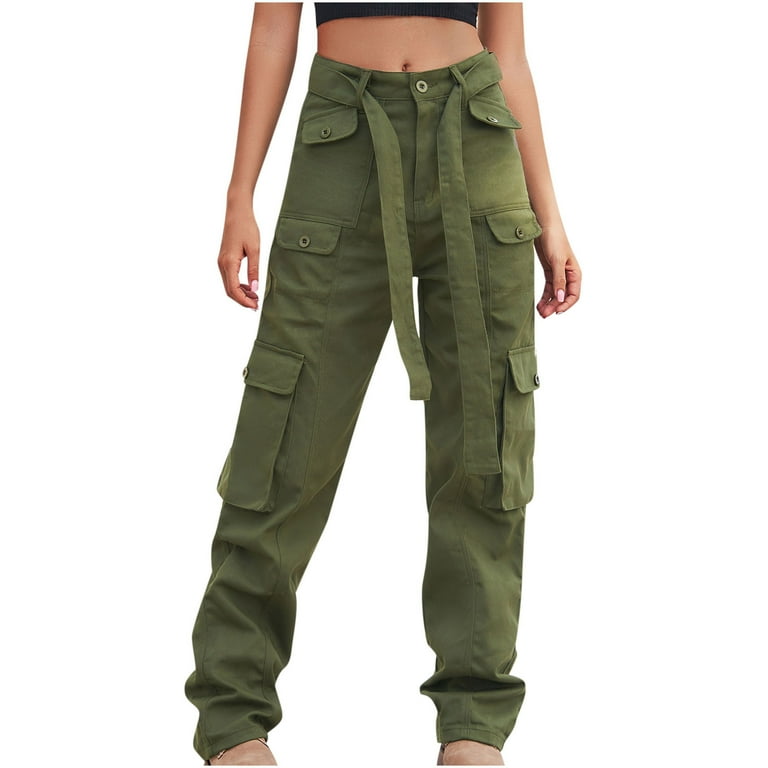 Cargo Pants Sweatpants for Women Straight Leg Solid Color Belted High Waisted 8 Pockets Casual Outdoor Y2k Slacks S Army Green T