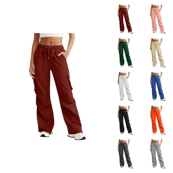 Cargo Pants Women 2026 Basic Elastic Waist Drawstring Casual Loose Wide Straight Leg Cargo Sweatpants with Pockets