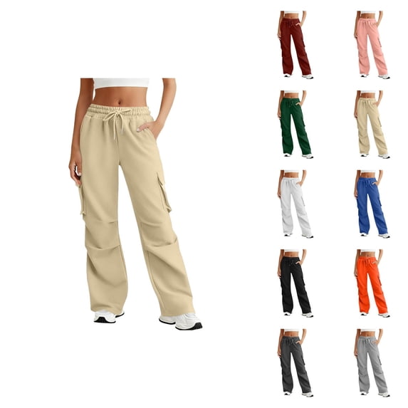 Cargo Pants Women 2026 Basic Elastic Waist Drawstring Casual Loose Wide Straight Leg Cargo Sweatpants with Pockets