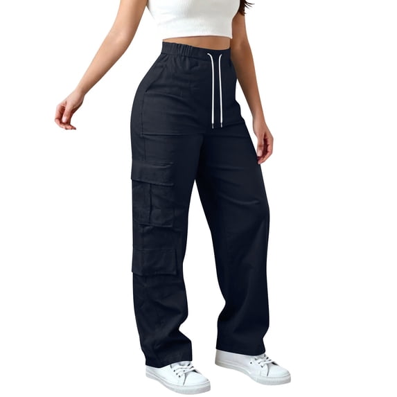Cargo Pants Women, Audhol Cargo Pants Women Elastic High Waisted Pants Wide Leg Baggy Casual Trousers Hiking Streetwear Outfits with Pockets Pants for Women Navy XL