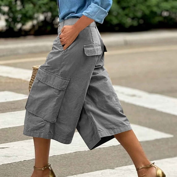 Cargo Pants Women Baggy Capris Plus Size Wide Leg Bermuda Shorts Chino Hiking Pants with Multi-Pockets Summer
