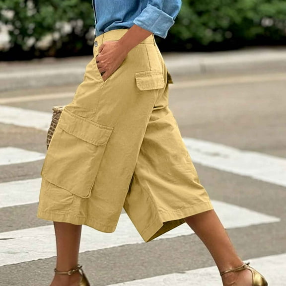 Cargo Pants Women Baggy Capris Plus Size Wide Leg Bermuda Shorts Chino Hiking Pants with Multi-Pockets Summer