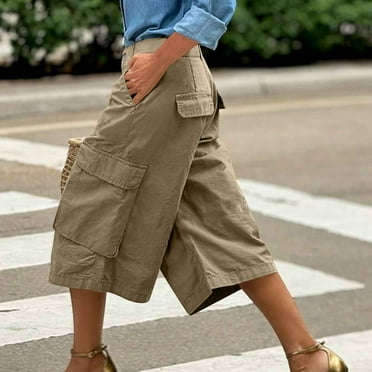 Cargo Pants Women Baggy Capris Plus Size Wide Leg Bermuda Shorts Chino Hiking Pants with Multi-Pockets Summer