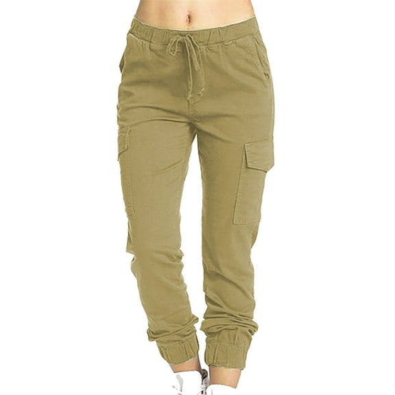 Cargo Pants Women BaggyFashion Women Plus Size Drawstring Casual Solid Elastic Waist Pocket Loose Pants Khaki XXL