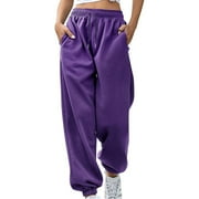 BLTIBY Cargo Pants Women BaggyWomen's Fashion Casual Solid Elastic Waist Trousers Long Straight Pants Purple XXL