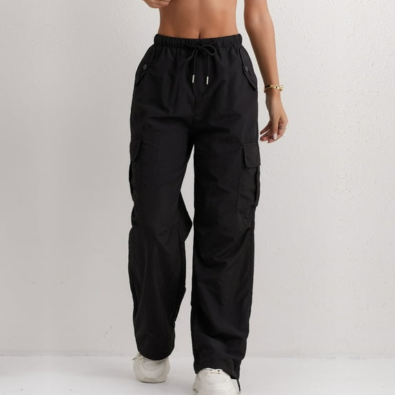 Cargo Pants Women Drawstring Baggy High Waisted Wide Leg Pants Casual Elastic Waist Pull On Carpenter Pants with Pockets Black L