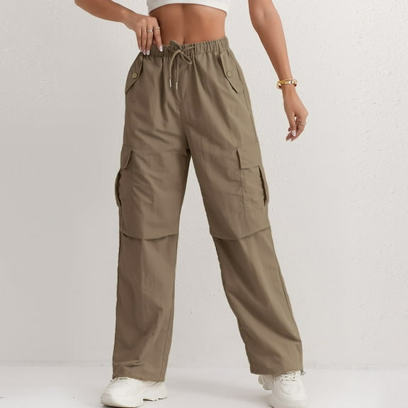 Cargo Pants Women Drawstring Baggy High Waisted Wide Leg Pants Casual Elastic Waist Pull On Carpenter Pants with Pockets Coffee S