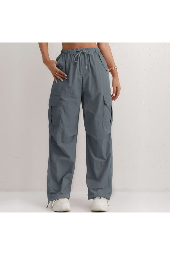 Cargo Pants Women Drawstring Baggy High Waisted Wide Leg Pants Casual Elastic Waist Pull On Carpenter Pants with Pockets Gray S