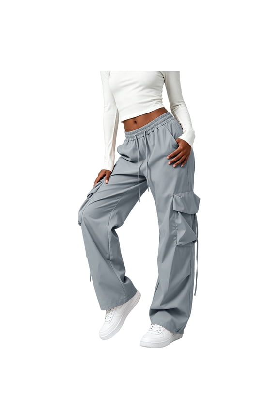 Cargo Pants Women Baggy Y2k Streetwear Wide Leg Floor-Length Pants with Pockets High Waist Drawstring Goth Trousers