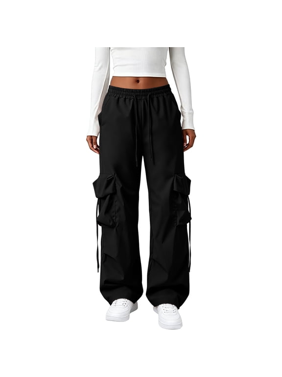 Cargo Pants Women Baggy Y2k Streetwear Wide Leg Pants with Pockets High Waist Drawstring Goth Black M