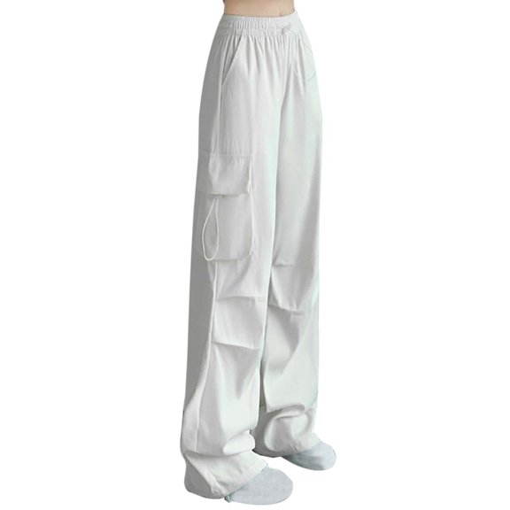 Cargo Pants Women,Cargo Pants High Waist Wide Leg Casual Drawstring Joggers Workwear Style Solid Color Trousers,Travel Pants,XL,White