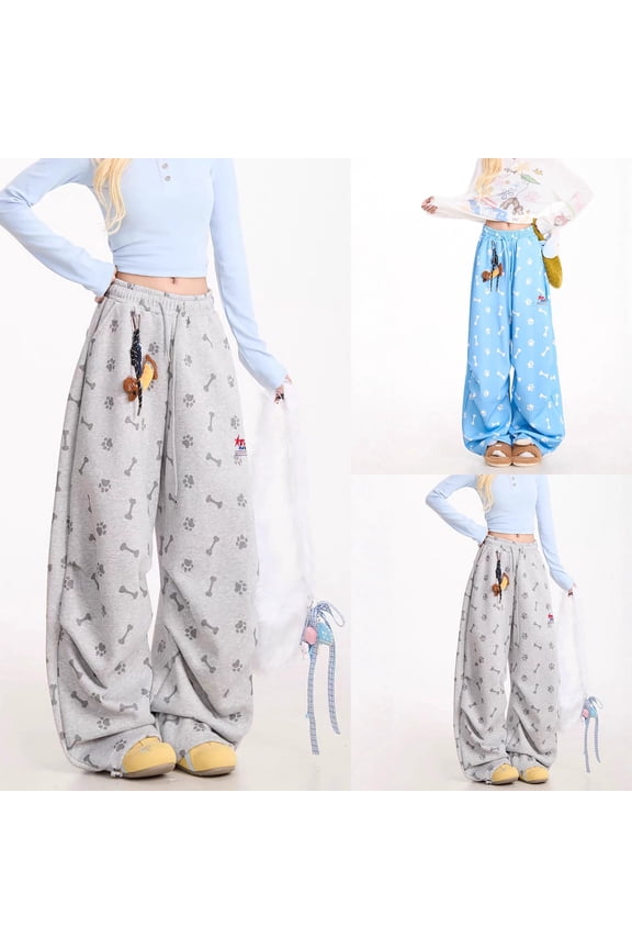 Cargo Pants Women Casual Cartoon Doodle Banana Print Wide Leg Pants with Drawstring Ankle Cuffs Loose Trousers Daily Wear