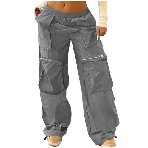Cargo Pants Women Casual Elastic Waist Solid Loose Wide Leg Pants with Zipper Pockets Cozy Y2k Leg Cinch Leg Trousers