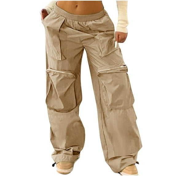 Cargo Pants Women Casual Elastic Waist Solid Loose Wide Leg Pants with Zipper Pockets Cozy Y2k Leg Cinch Leg Trousers