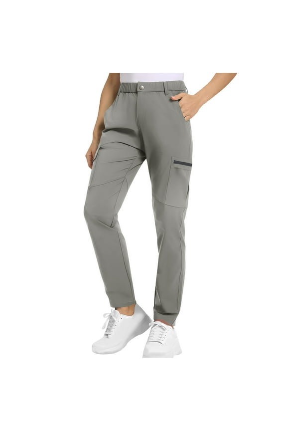 Cargo Pants Women Casual Full Length Elasticated Waist Fall Pants Solid Color Lightweight Quick Dry Walking Hiking Trousers with Pockets Outdoor Straight Fit Bottoms