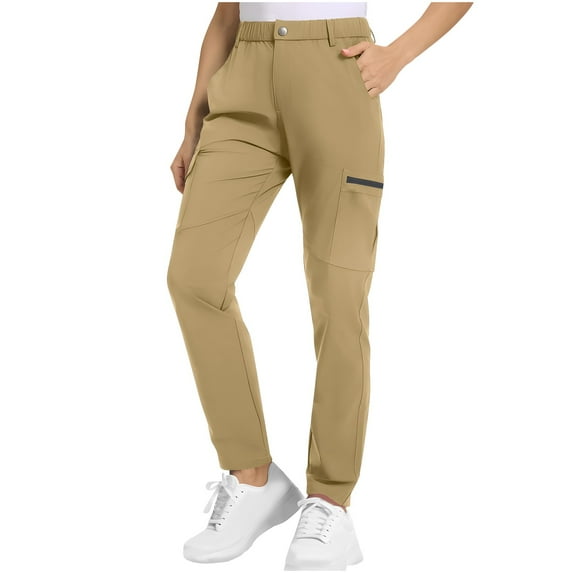 Cargo Pants Women Casual Full Length Elasticated Waist Fall Pants Solid Color Lightweight Quick Dry Walking Hiking Trousers with Pockets Outdoor Straight Fit Bottoms
