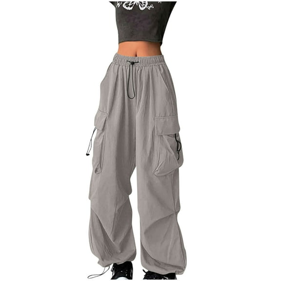 Cargo Pants Women Casual Y2k Parachute Pants Walking Trousers with Elasticated High Waist Lightweight Quick Dry Athletic Baggy Trouser Fall Pants Outdoor Streetwear Tracksuit Bottoms