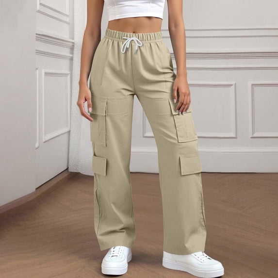 Cargo Pants Women, Drawstring Straight Elastic Waist Multiple Pockets Cargo Pants Solid Color Outdoor Workout Casual Hiking Pants