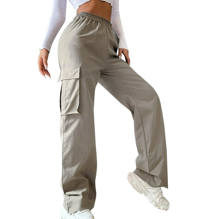 Women Adjustable Elastic Waist Cargo Straight Leg Pants Loose Baggy  Trousers Wide Leg Pants Streetwear Black S