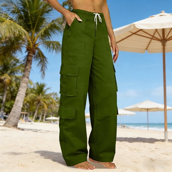 Cargo Pants Women Fashionable Casual Side Pockets High Waisted Elastic Straight Leg Loose Fitting Work Pants