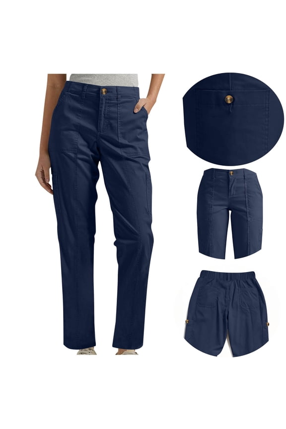 Cargo Pants Women Flat Front Button Elastic Waist Loose Fitting Hiking Pants Outdoor Active Work Trousers with Pockets