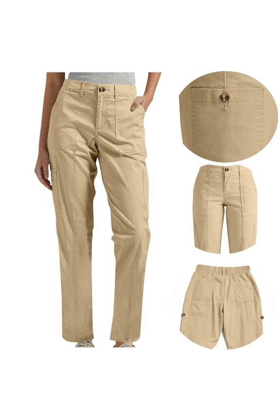 Cargo Pants Women Flat Front Button Elastic Waist Loose Fitting Hiking Pants Outdoor Active Work Trousers with Pockets