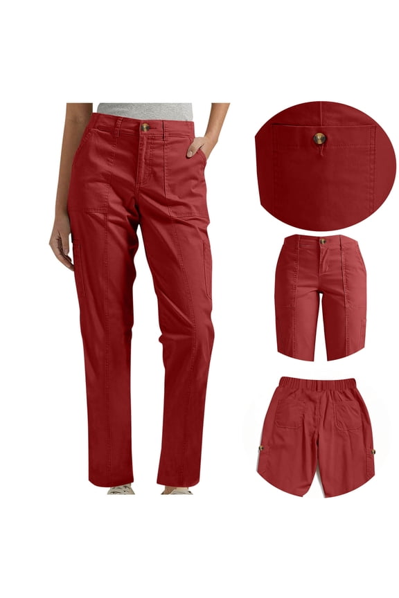 Cargo Pants Women Flat Front Button Elastic Waist Loose Fitting Hiking Pants Outdoor Active Work Trousers with Pockets