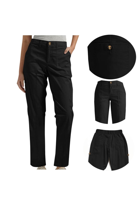 Cargo Pants Women Flat Front Button Elastic Waist Loose Fitting Hiking Pants Outdoor Active Work Trousers with Pockets