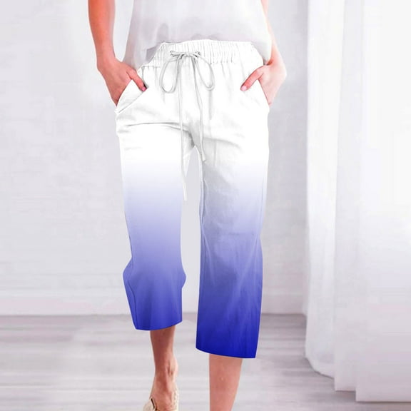 Fragrant Linen Gradient Printed Loose Women Fashionable Drawstring Pants Cropped Pants