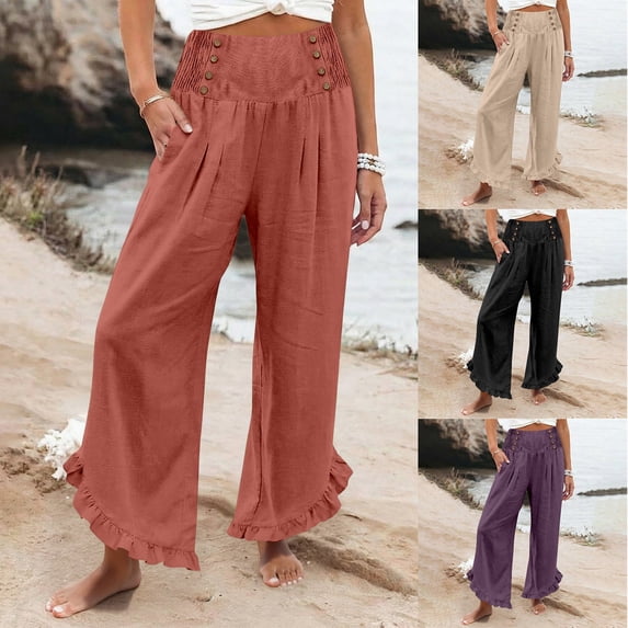 Cargo Pants Women High Waist Casual Pants for Loose Linen Drawstring Waistband Asymmetrical Hem Trousers