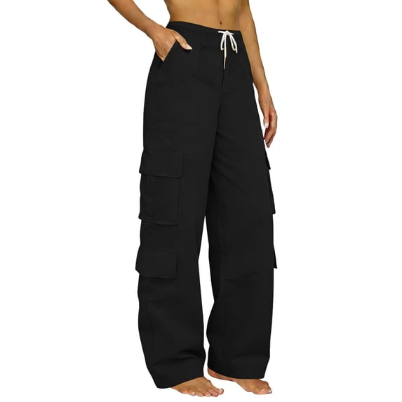 Cargo Pants Women High Waist Elastic Side Pocket Straight Loose Work Wide Leg Sweatpants Women Black L